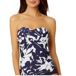 NWT Anne Cole Women’s Strapless Navy‎ and White Tankini Top Swim Vacation Resort